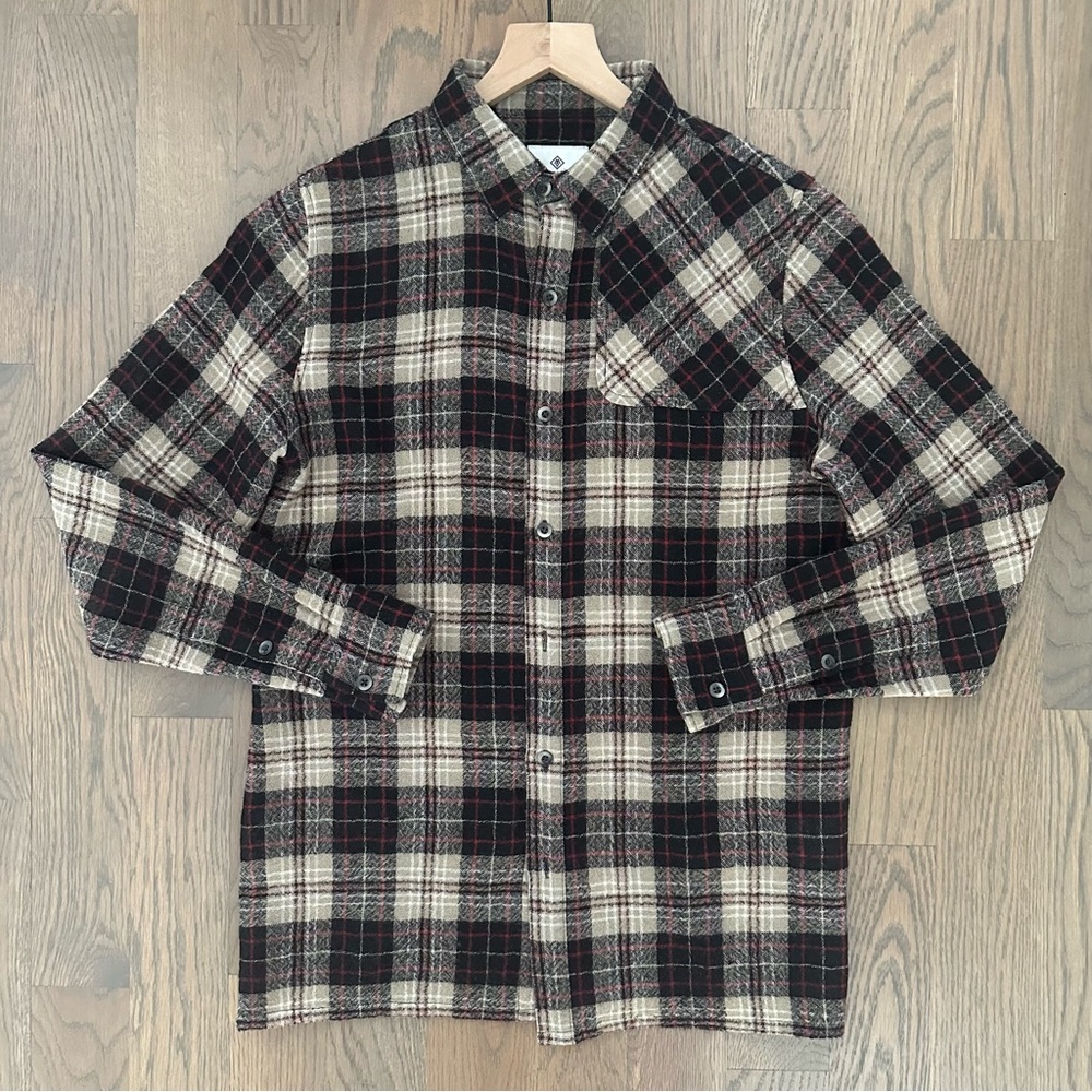 Matiere Men's Wool Gauze Button Front Plaid Shirt in Black, Tan, and Red Small